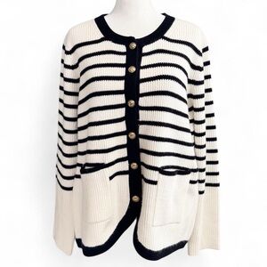 Tahari Black & White Striped Button Cardigan Sweater – XL NWT
